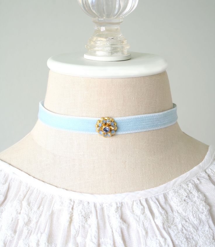 Light Blue Choker Necklace with Jewel - Velvet Ribbon Choker with Crystal Rhinestone - Bridgerton Jewelry - Regency Ball - Elegant Necklace Regency Era Jewelry, Maggie Soterro, Bridgerton Jewelry, Bridgerton Oc, Blue Choker Necklace, Rosy Posy, Fantasy Crown, Ribbon Choker Necklace, Coquette Jewelry