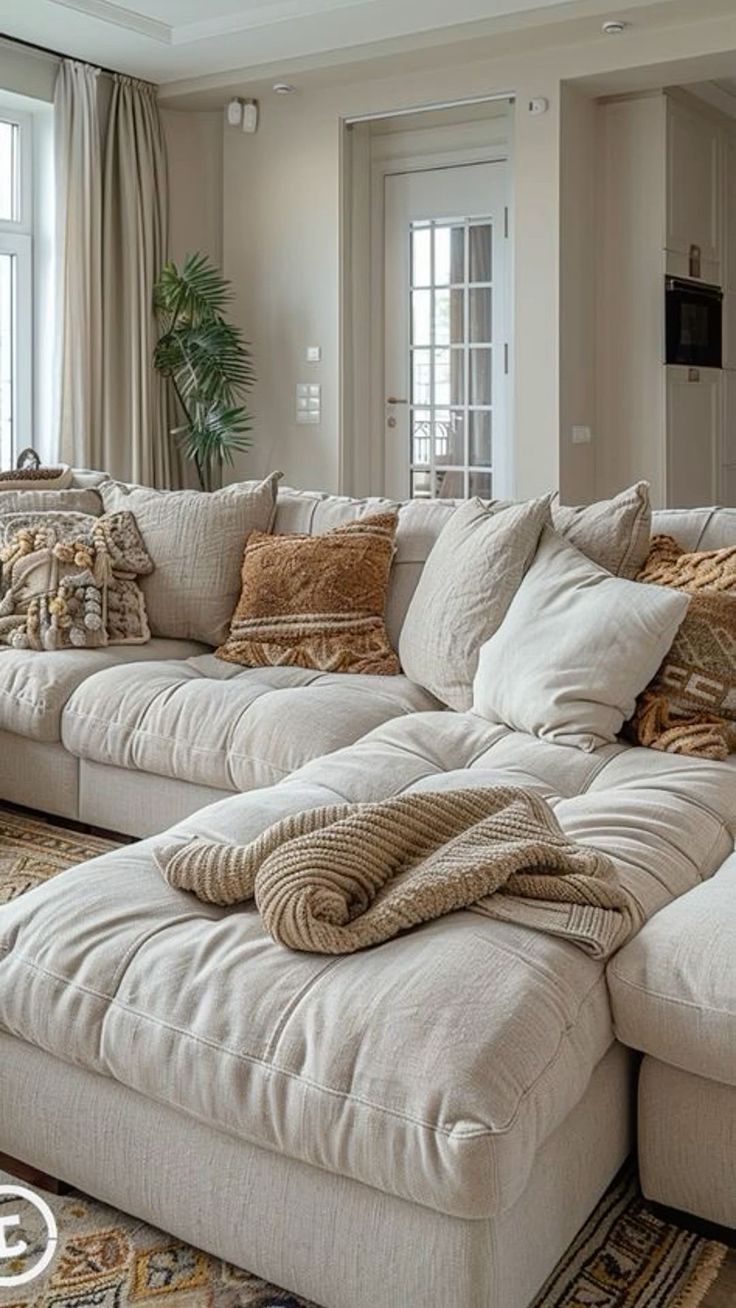 a living room filled with lots of furniture and pillows on top of a large white couch