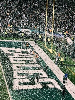 the football field is covered with confetti as fans watch from the sidelines