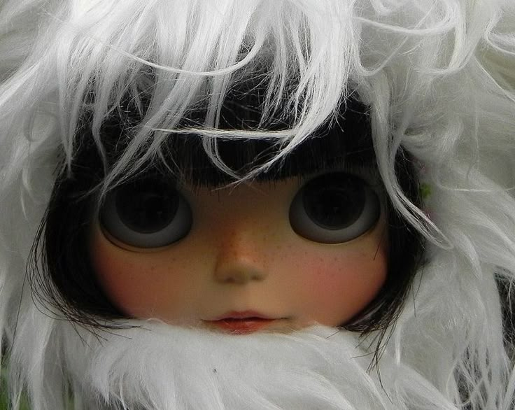 a doll with black eyes and white fur on it's head is looking at the camera