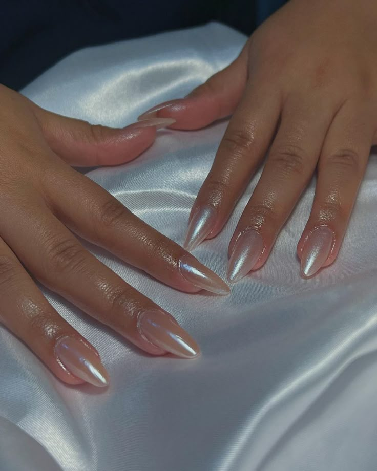 Long Almond Pearl Nails, Sheer Pearlescent Nails, Shiny Pearl Nails, Pearl Square Acrylic Nails, Light Pearl Nails, Shiny Ombre Nails, Perlescente Nails, Milky White Pearl Chrome Nails, Pearl Polish Nails