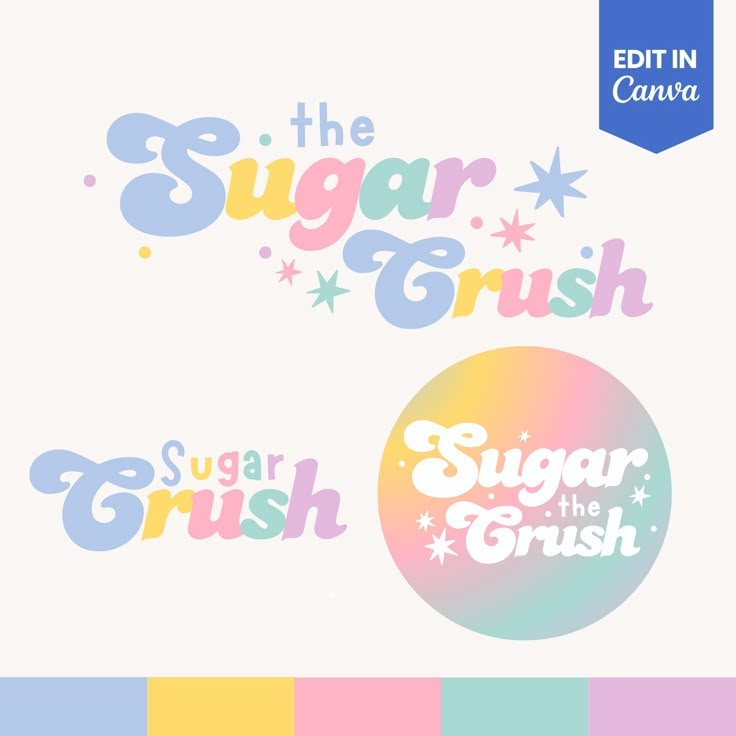 the sugar crush and sugar crush logo are shown in different colors, including pink, blue,