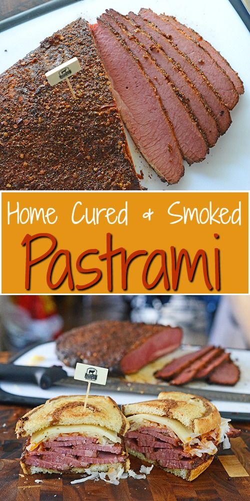 some food is on a cutting board and there are two pictures with the words home cooked smoked and smoked pastrami