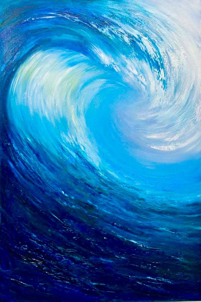 an oil painting of a blue ocean wave