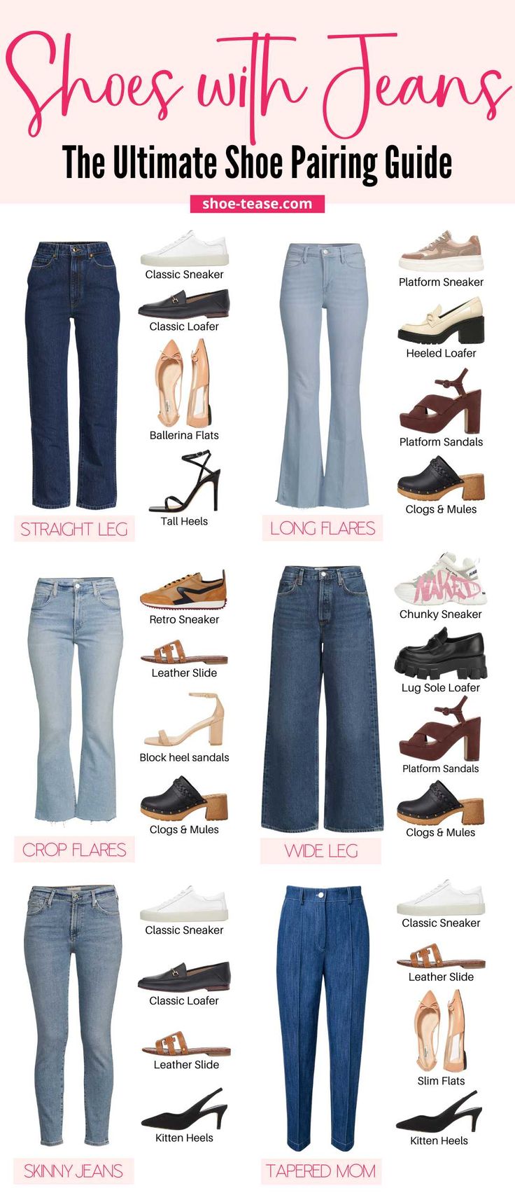 A visual guide for the best women's shoes for jeans of all kinds. Shoes For Jeans, Jeans Outfit Women, Types Of Jeans, Jeans Outfit Casual, Fashion Vocabulary, All Jeans, Everyday Fashion Outfits, Best Shoes, Casual Day Outfits