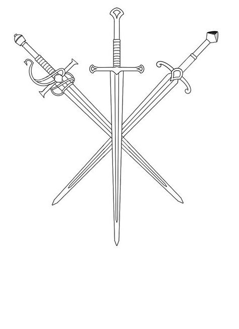 three swords are shown in this black and white drawing