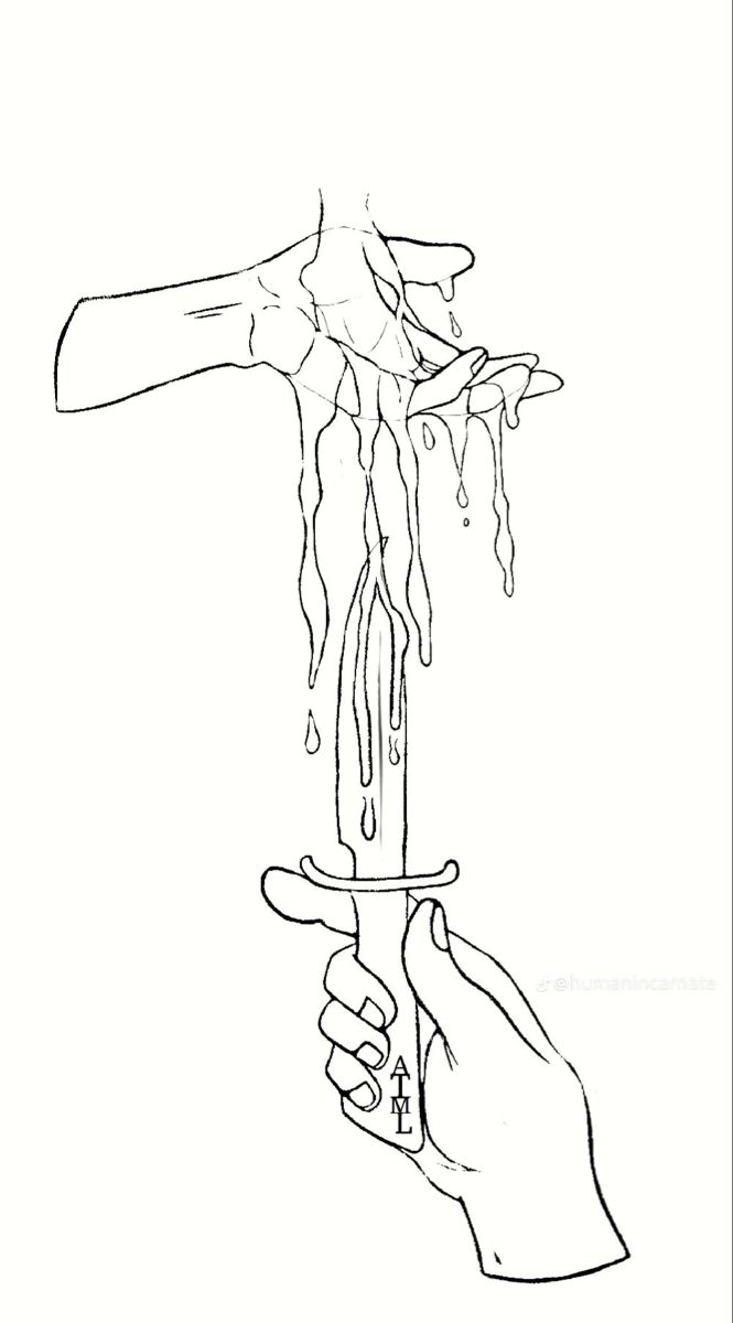 a drawing of a hand holding a knife with dripping water coming out of the blade