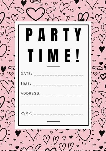 a party time card with hearts on it