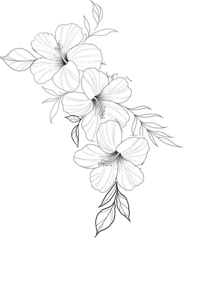 a black and white drawing of three flowers on a branch with one flower in the middle