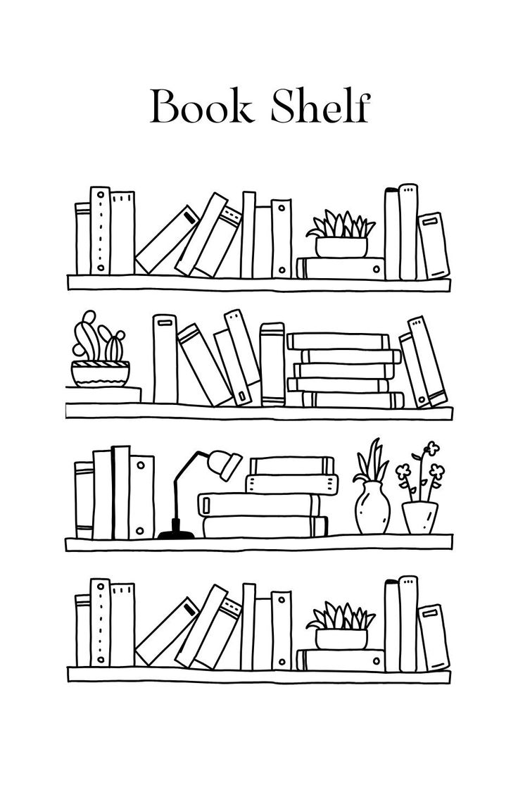 a black and white book shelf with books on it, in the shape of an outline