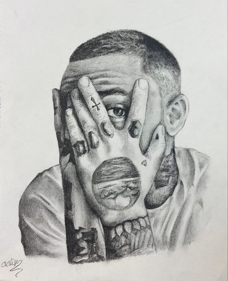 a pencil drawing of a man with his hands on his face, covering his eyes