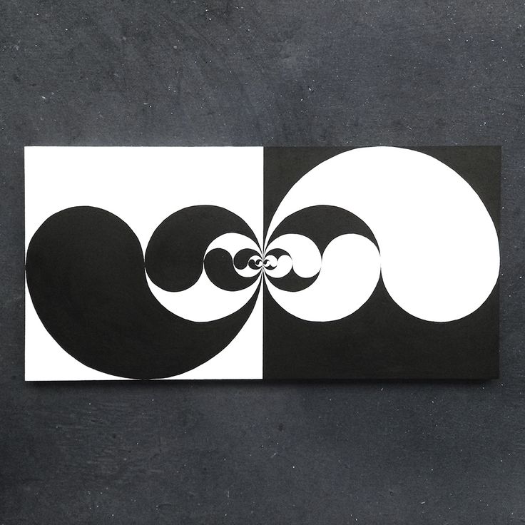 two black and white abstract paintings on a gray wall, one with circles in the middle