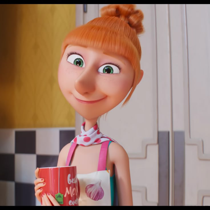 a cartoon character holding a cup in her hand