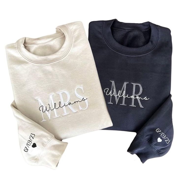 three sweatshirts with mr and mrs written on the front, one in white and one in blue