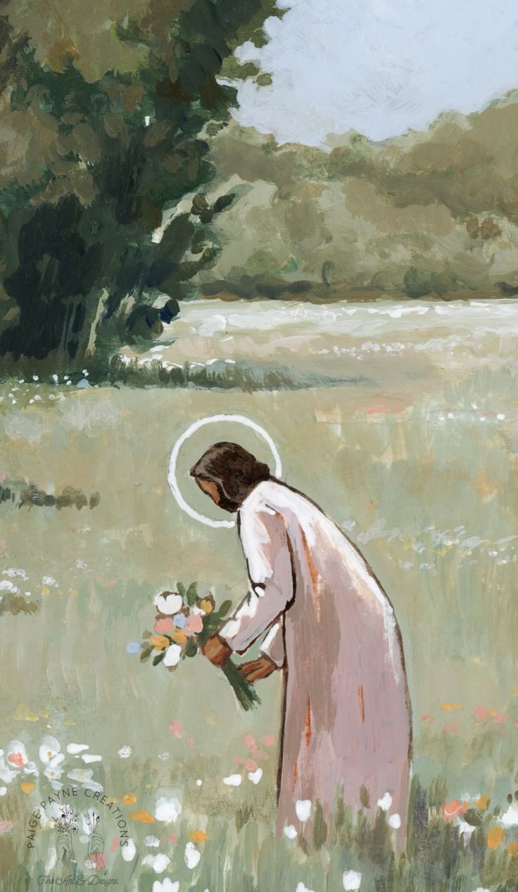 a painting of a woman in a field with flowers