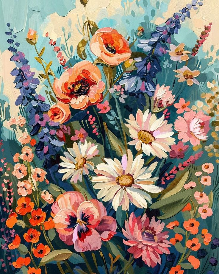 an oil painting of flowers on a blue background