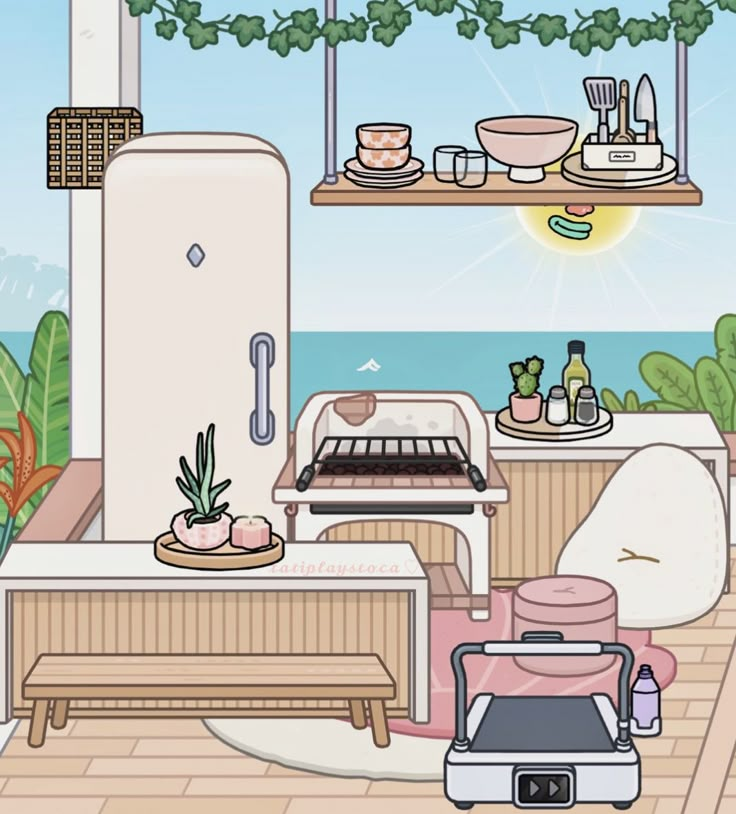 a cartoon kitchen with an oven, counter top and potted plants