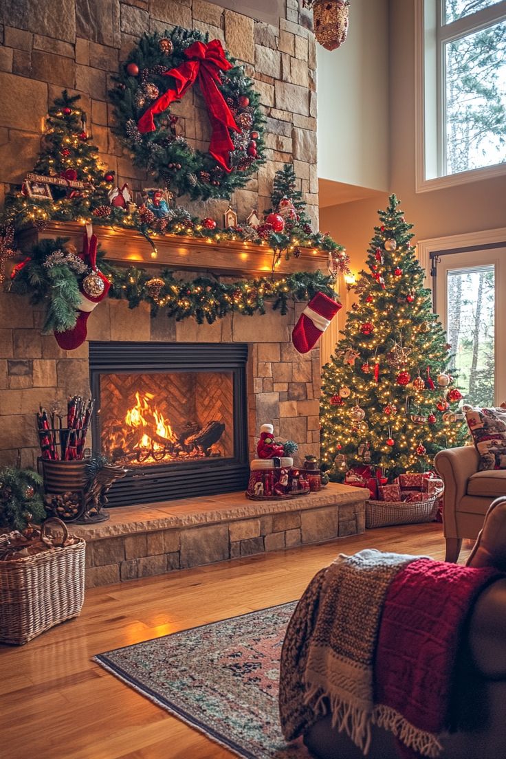 a living room filled with furniture and a fire place next to a christmas tree in front of a fireplace