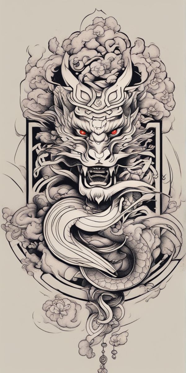 an ink drawing of a dragon with red eyes on it's face and head