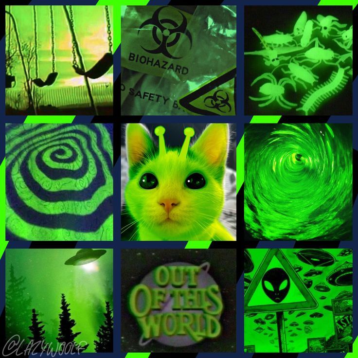 a collage of photos with green and black images in the middle one has an alien themed design on it