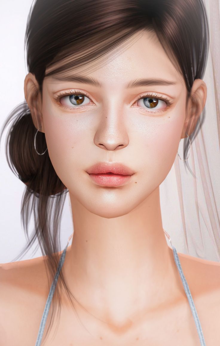 an animated image of a woman with brown hair and blue eyes, wearing a gray bra