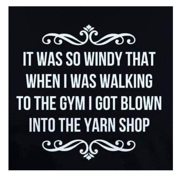 a quote that says it was so windy that when i was walking to the gym i got blown into the yarn shop