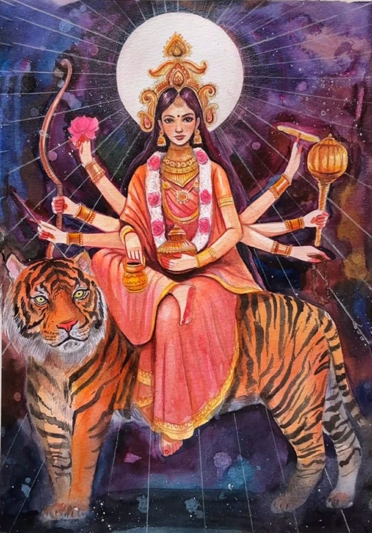 a painting of a woman sitting on top of a tiger and holding a candle in her hand