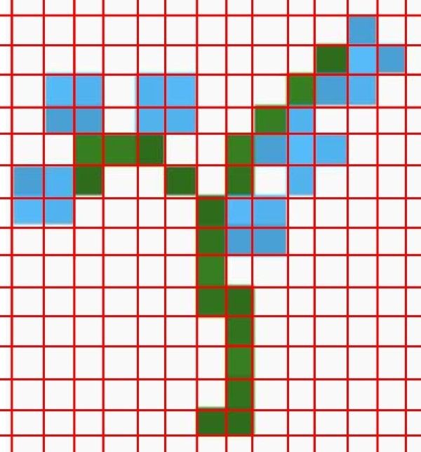 a cross stitch pattern with squares in green, blue and red on a white background