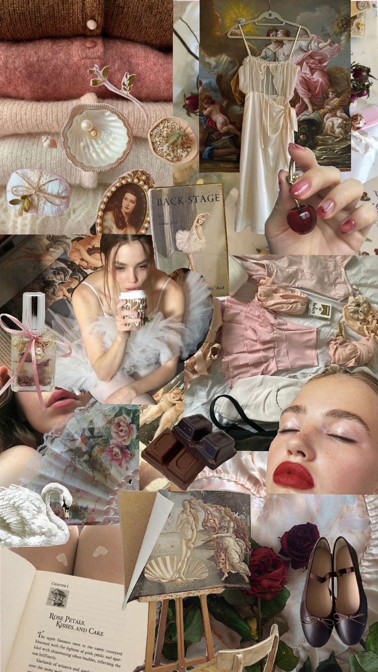 a collage of photos with women in dresses and accessories, including shoes, perfumes, books, flowers, pictures, and other items