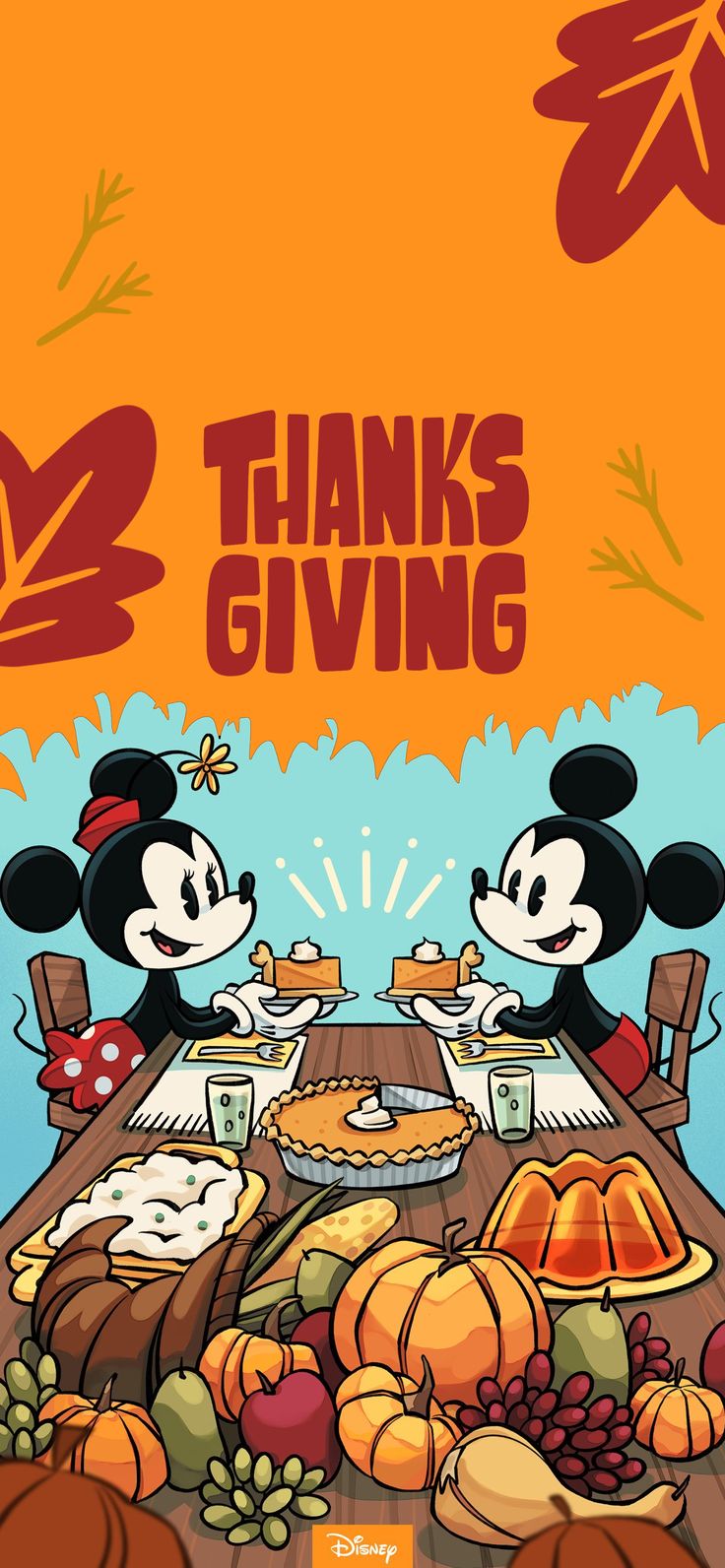 two mickey mouses sitting at a table with thanksgiving food on it and the words thanks giving above them