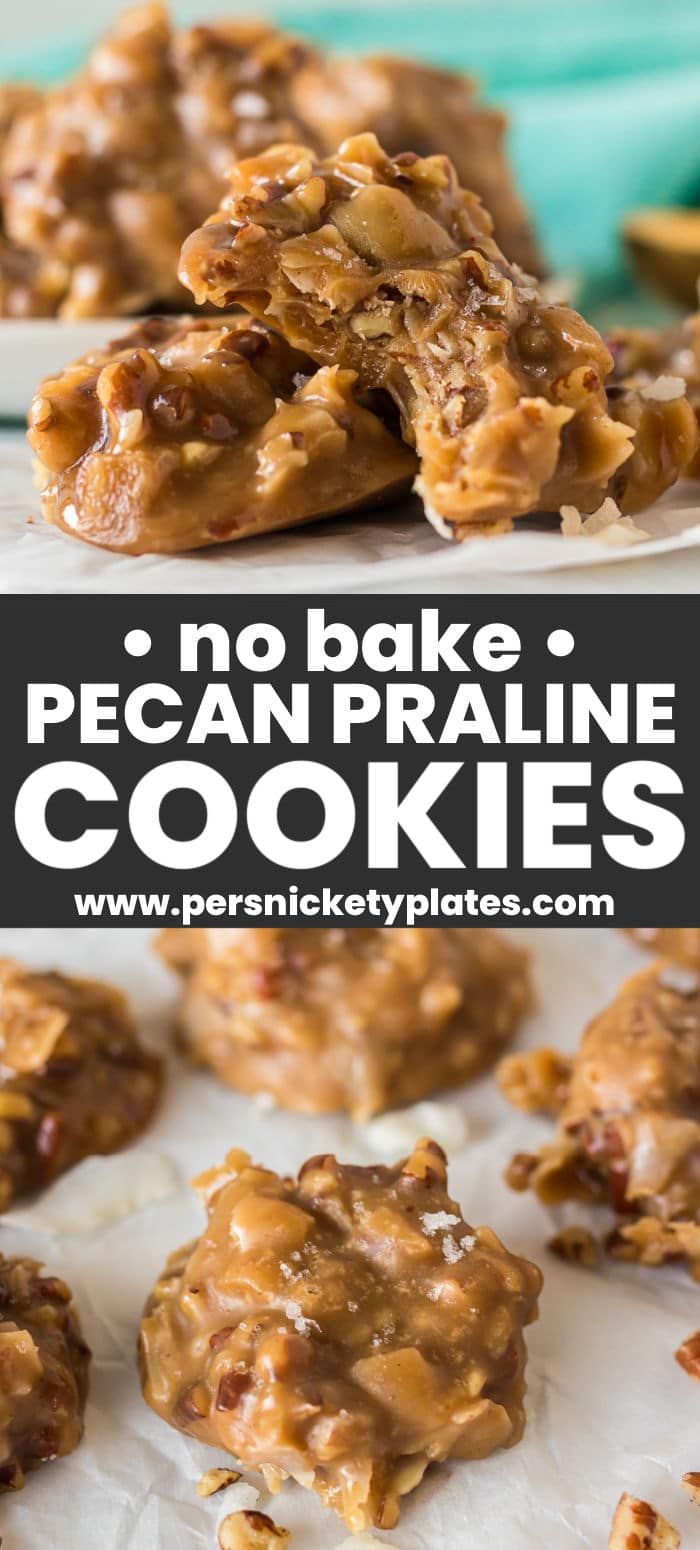 no bake pecan pralie cookies on a white plate with text overlay