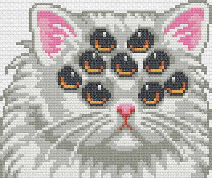 a cross stitch pattern of a white cat's face with black and orange eyes