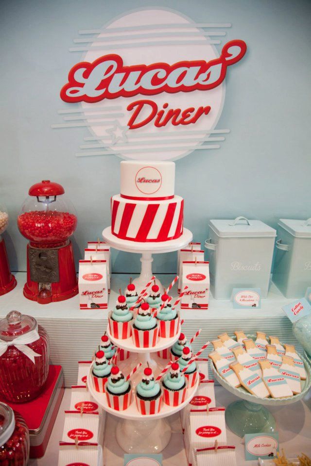 a red and white dessert table with cupcakes