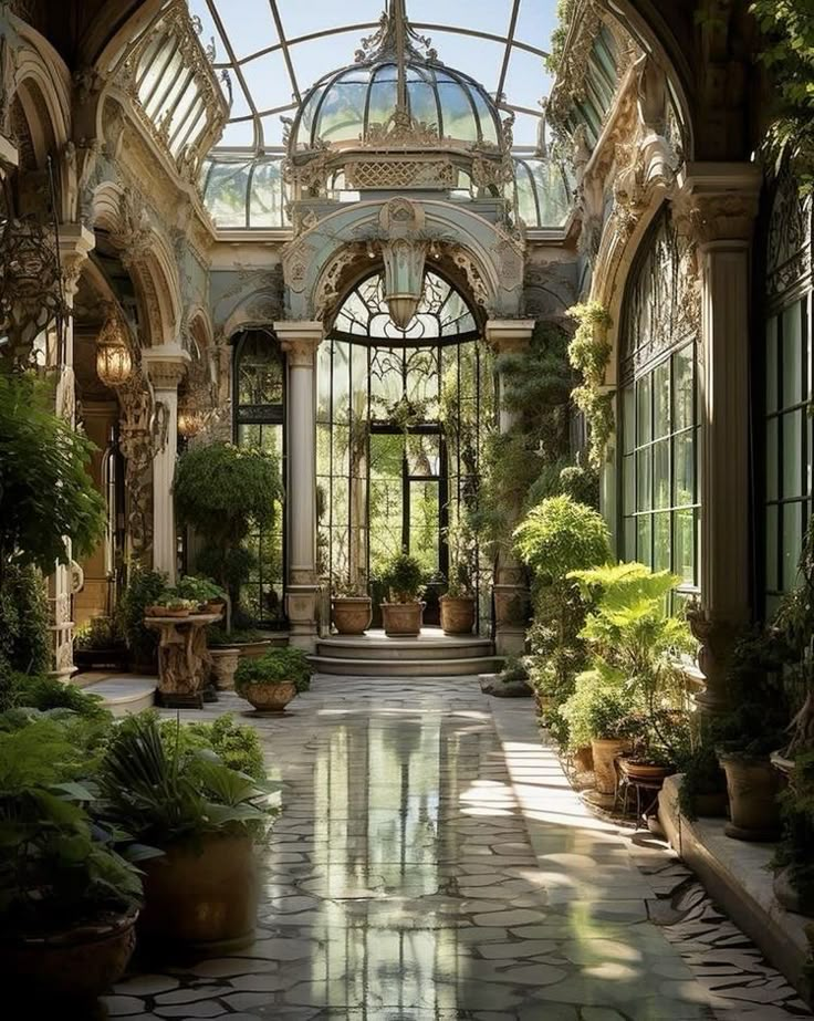 the inside of a building with lots of plants and potted plants on either side