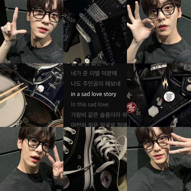 a collage of photos with the same person wearing glasses and holding up two fingers