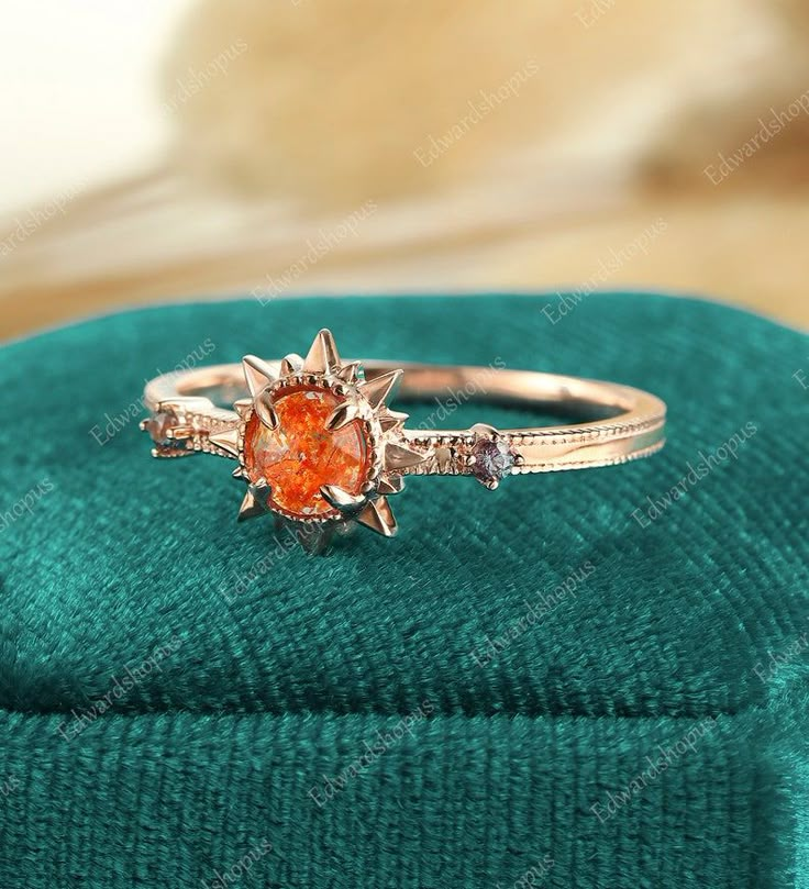 Unique Sunstone Engagement Ring Vintage Sun Ring Rose Gold - Etsy Sun Shaped Engagement Ring, Copper Engagement Ring, Sun Ring Gold, Sun Themed Wedding, 70s Engagement Ring, Sun Wedding Ring, Carnelian Engagement Ring, Sun Inspired Outfit, Sun Engagement Ring