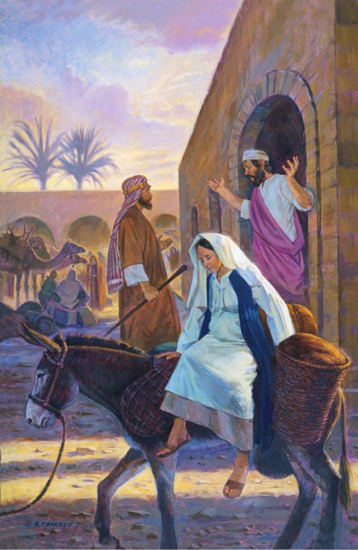 a painting of jesus riding on the back of a donkey next to a woman and man