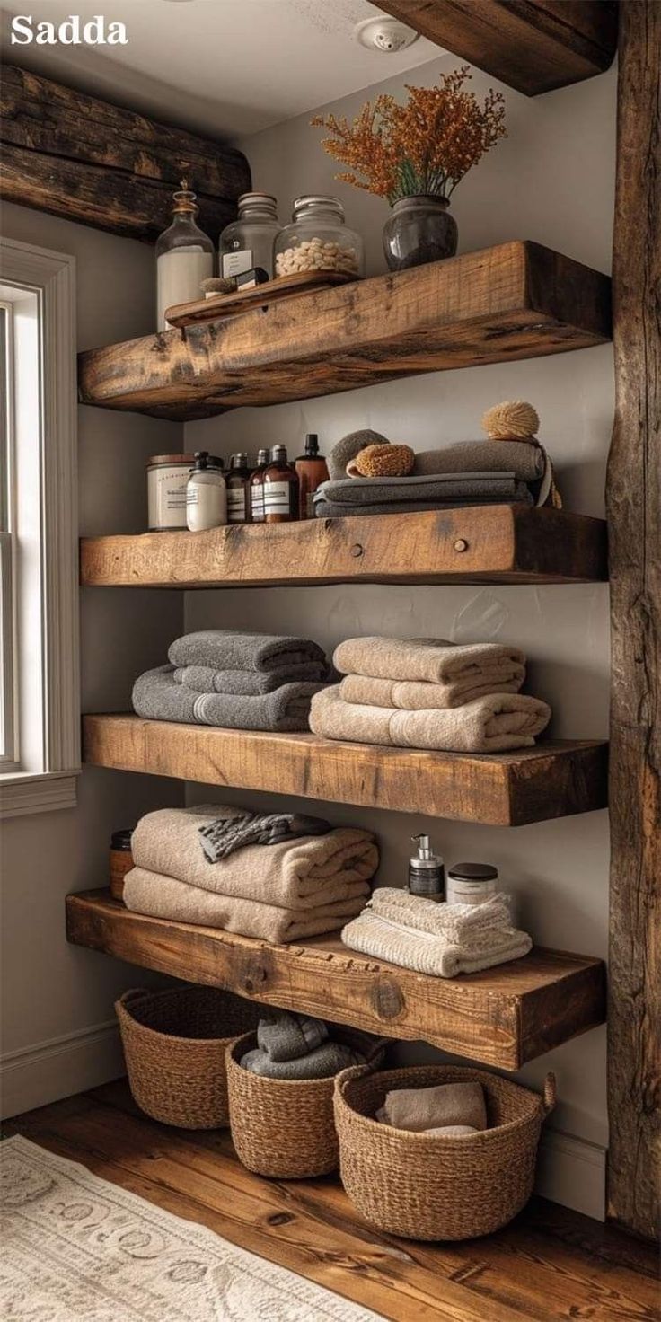 the shelves in this bathroom are made out of wood and have baskets for towels on them