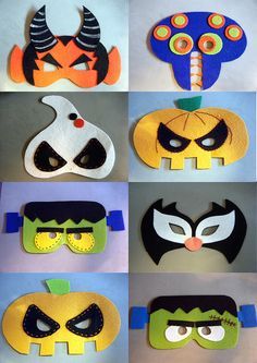 six different masks are shown in various colors and shapes, each with an eye patch