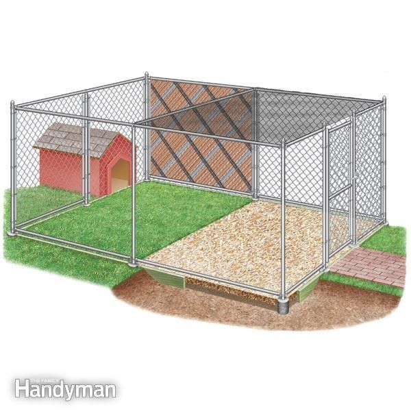 a drawing of a dog kennel with grass and dirt in the ground, next to a red house