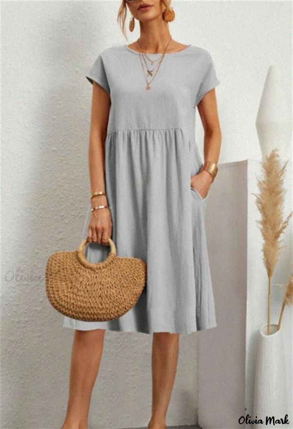 Olivia Mark - Fashionable Cotton Linen Round Neck Printed Maxi Dress Summer Dresses Knee Length, Boho Midi Dress, A Line Shorts, Dress For Summer, Women's Robe, Round Neck Dresses, Crewneck Dress, Mua Sắm, Linen Dresses