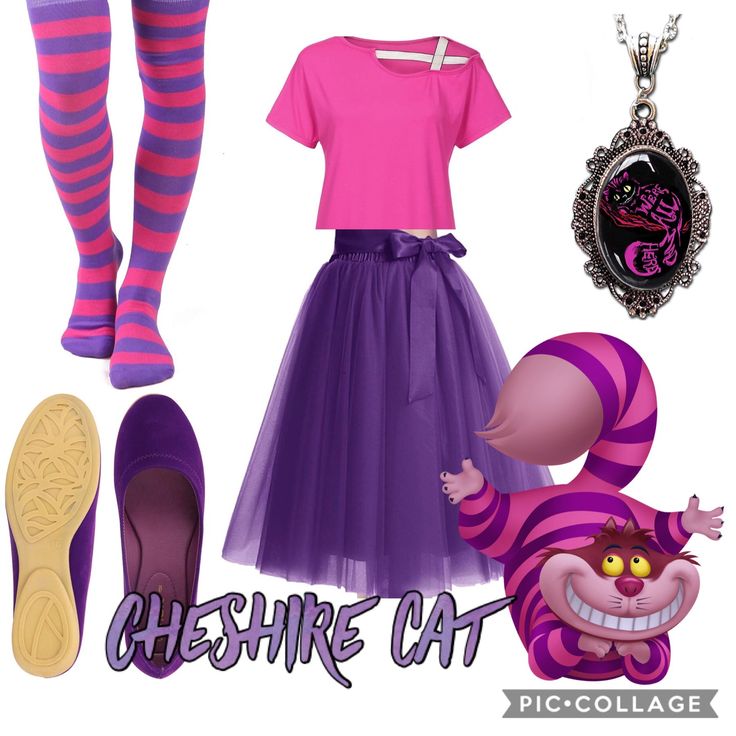 there is a purple and pink outfit with striped tights, shoes, and necklace