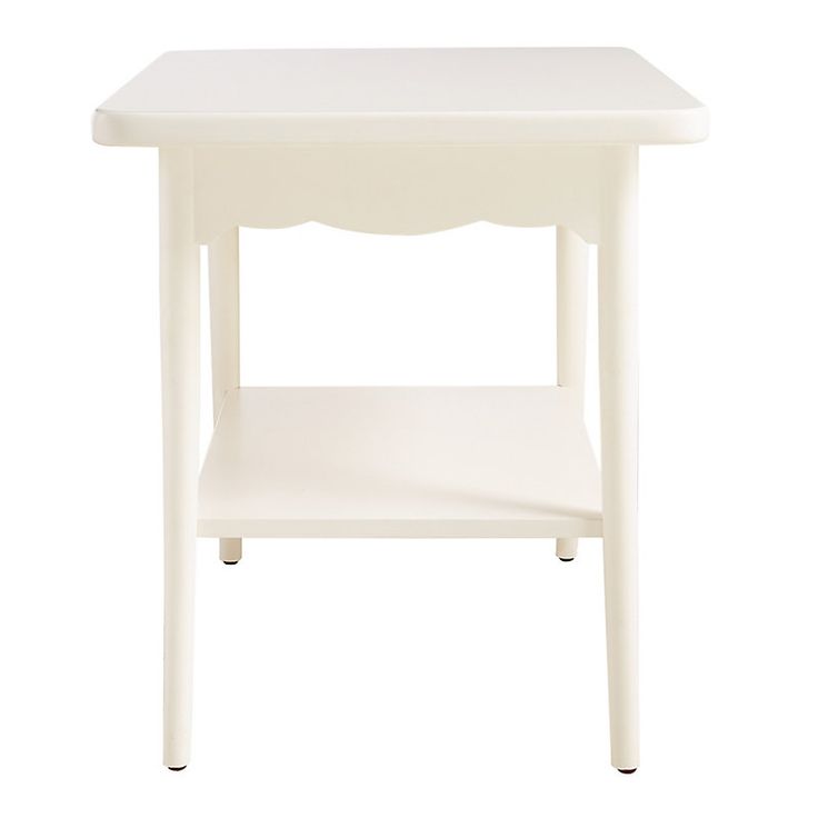 a small white table with one shelf on the bottom and two shelves below it, against a white background