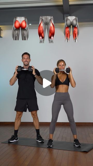 a man and woman doing exercises with dumbbells in front of an image of muscles