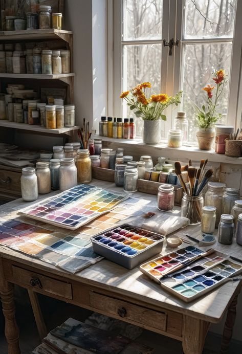 an artist's studio with lots of paint and flowers in the window sill