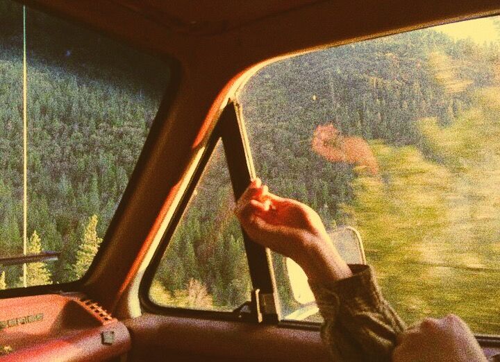 a person is sitting in the passenger seat of a vehicle looking out the window at some trees