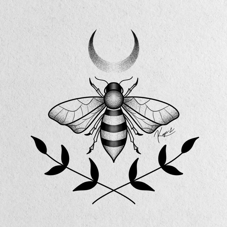 a black and white drawing of a bee sitting on top of a branch with leaves