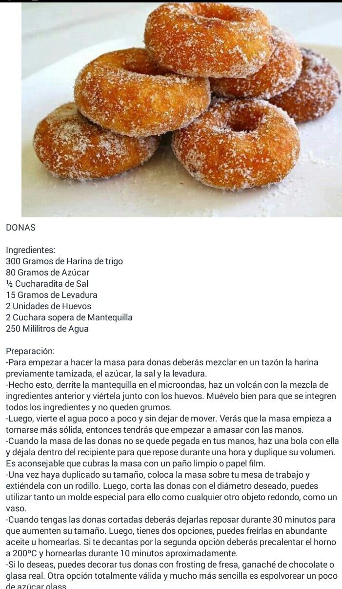 some sugared doughnuts on a white plate with words in spanish and english