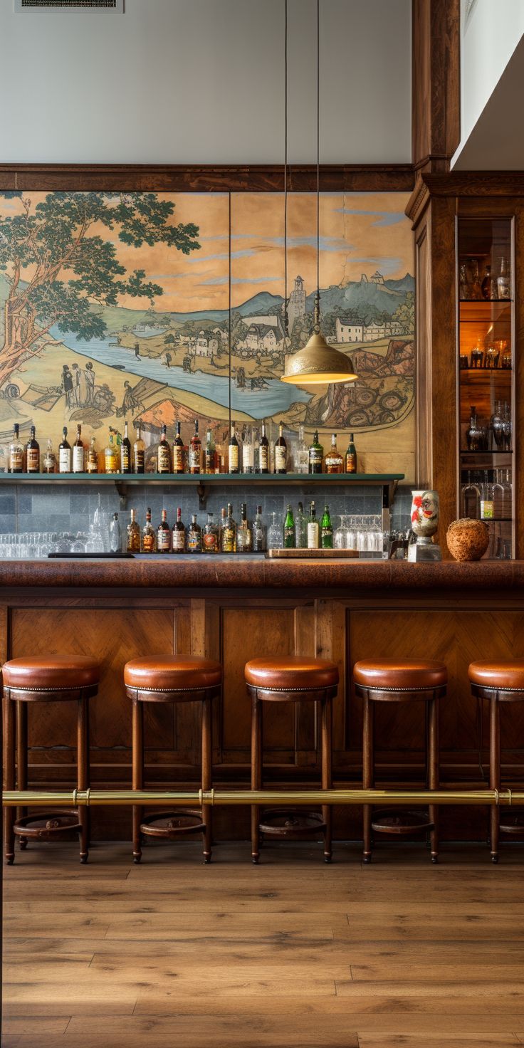 a bar with stools in front of it and a mural on the wall behind it