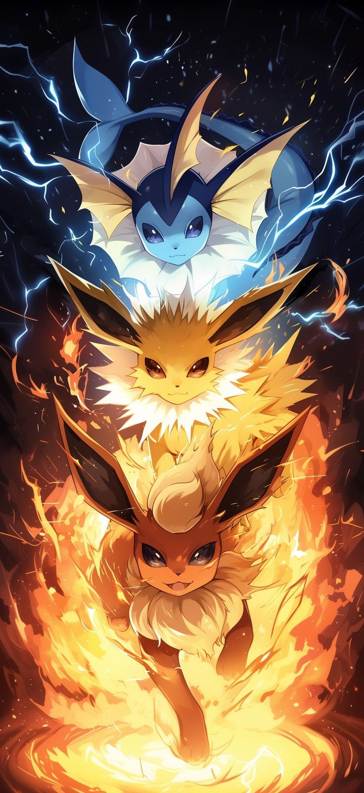 two pokemons are sitting on fire with their faces glowing in the dark, and one is